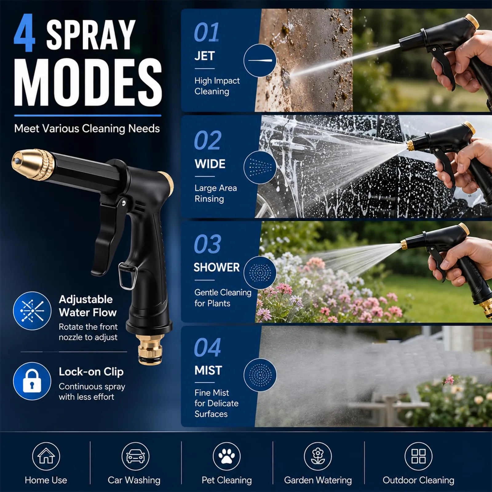 4 Custom Spray Modes - Jet, Wide, Shower, Mist