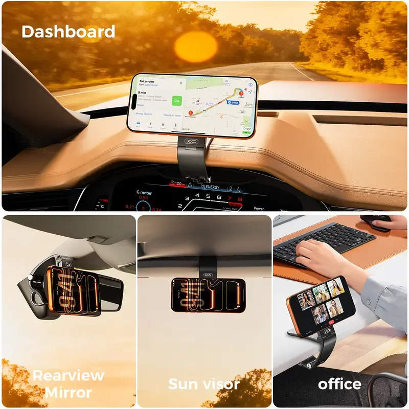 Magnetic phone holder used on dashboard rearview mirror sun visor and office desk