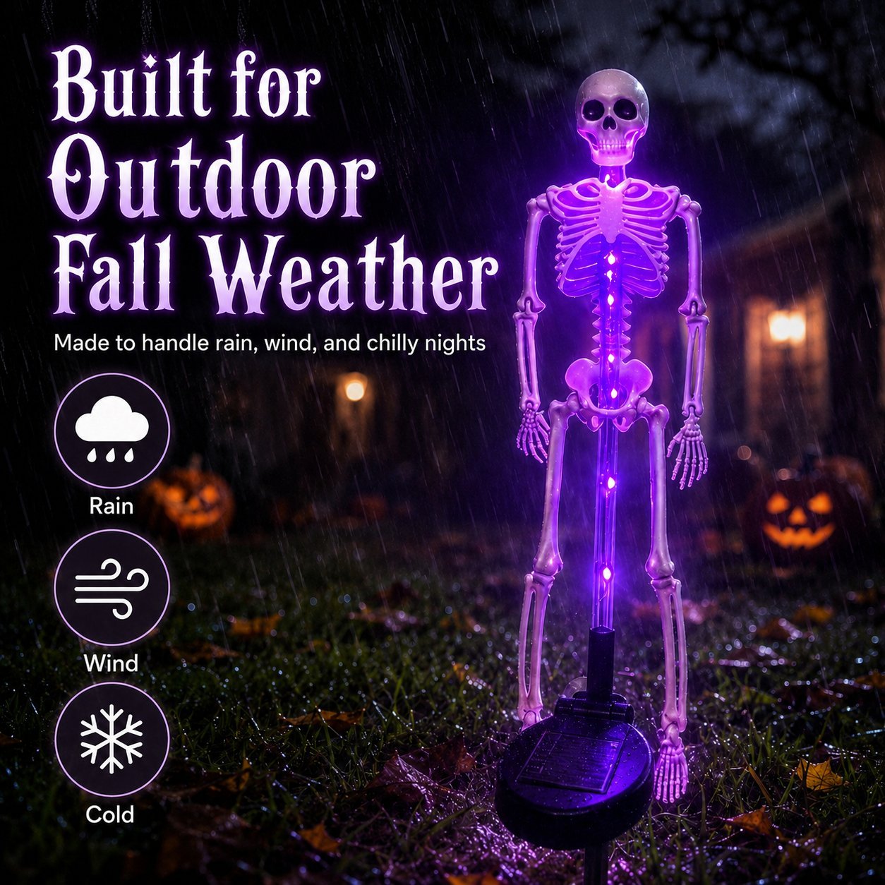 Skeleton solar garden light used in an outdoor fall Halloween display