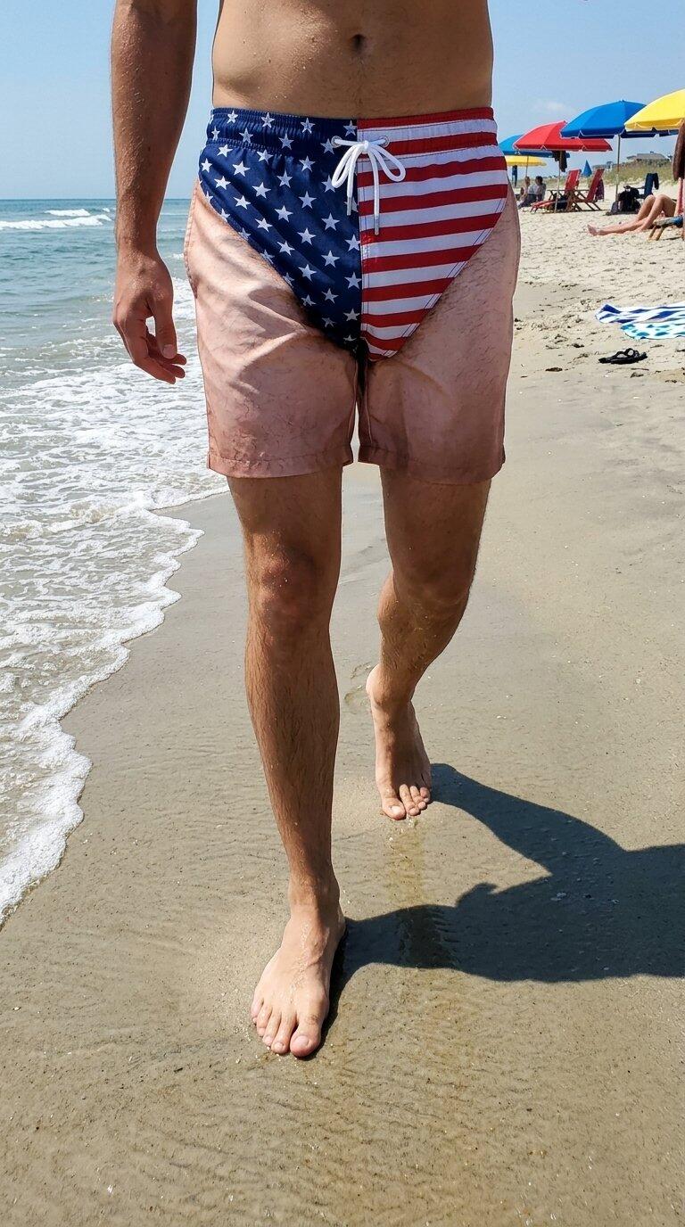 Patriotic swim trunks beach wear example