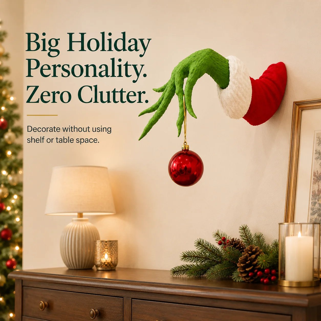 Changing ornaments on green monster hand wall holder