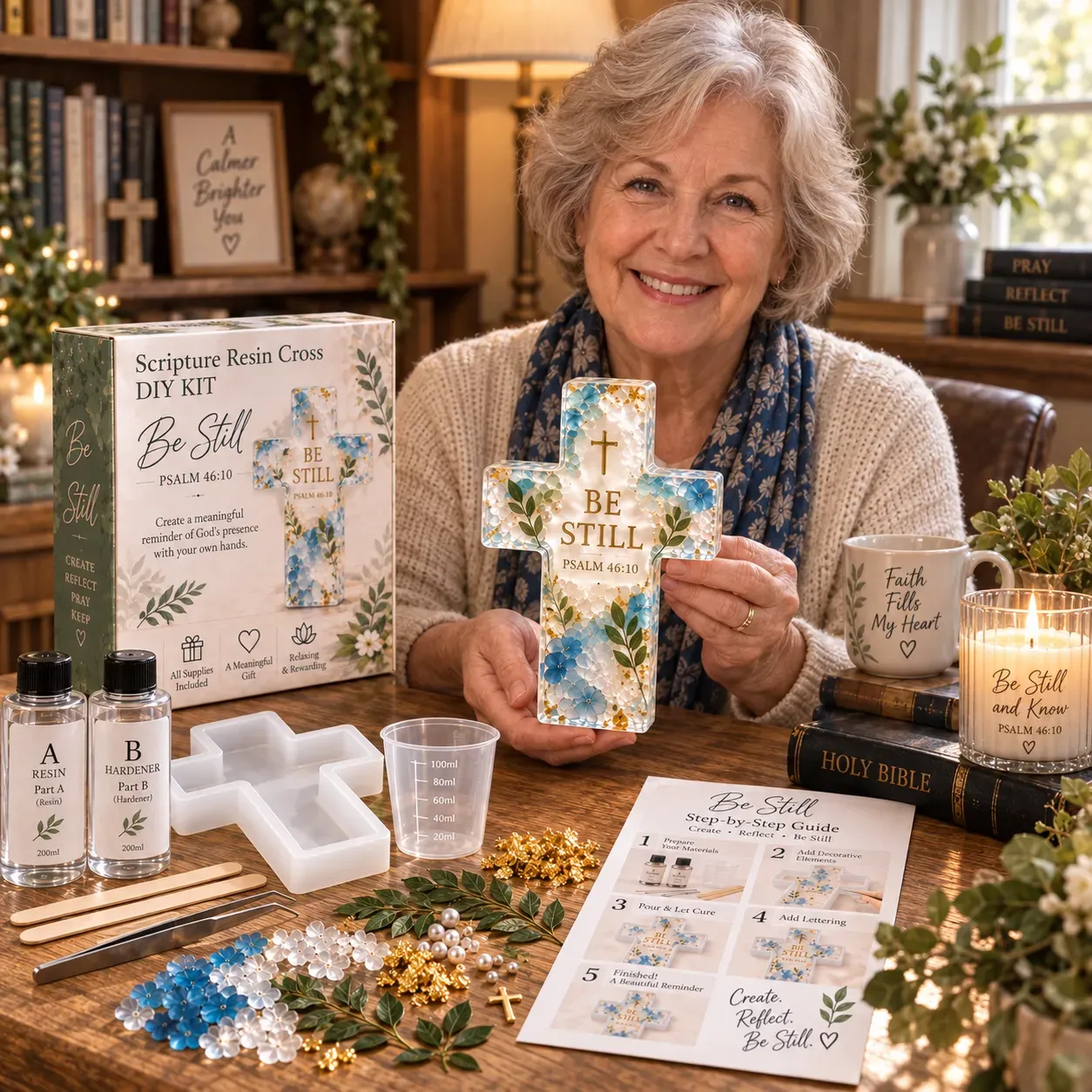Older woman holding the finished Be Still resin cross beside the kit