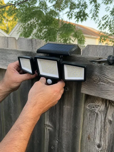 Homeowner mounting the three-head solar light on a wooden fence
