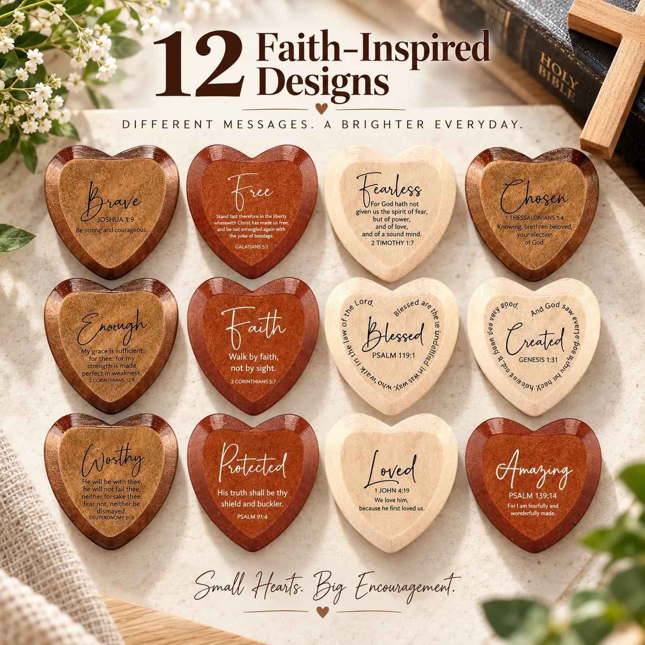Twelve faith-inspired wooden heart messages