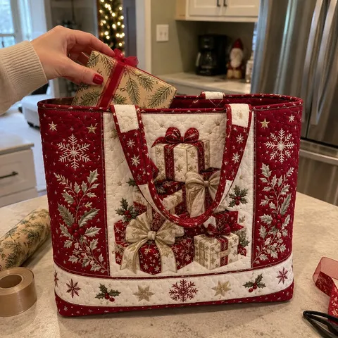 Red quilted Christmas tote being packed with a gift in a home kitchen