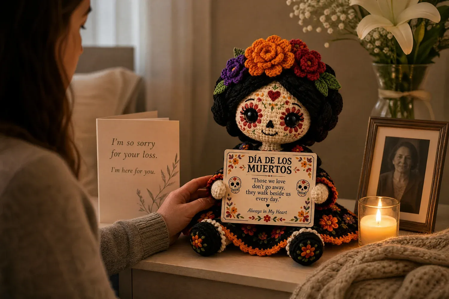 Meaningful Catrina crochet remembrance doll in home setting