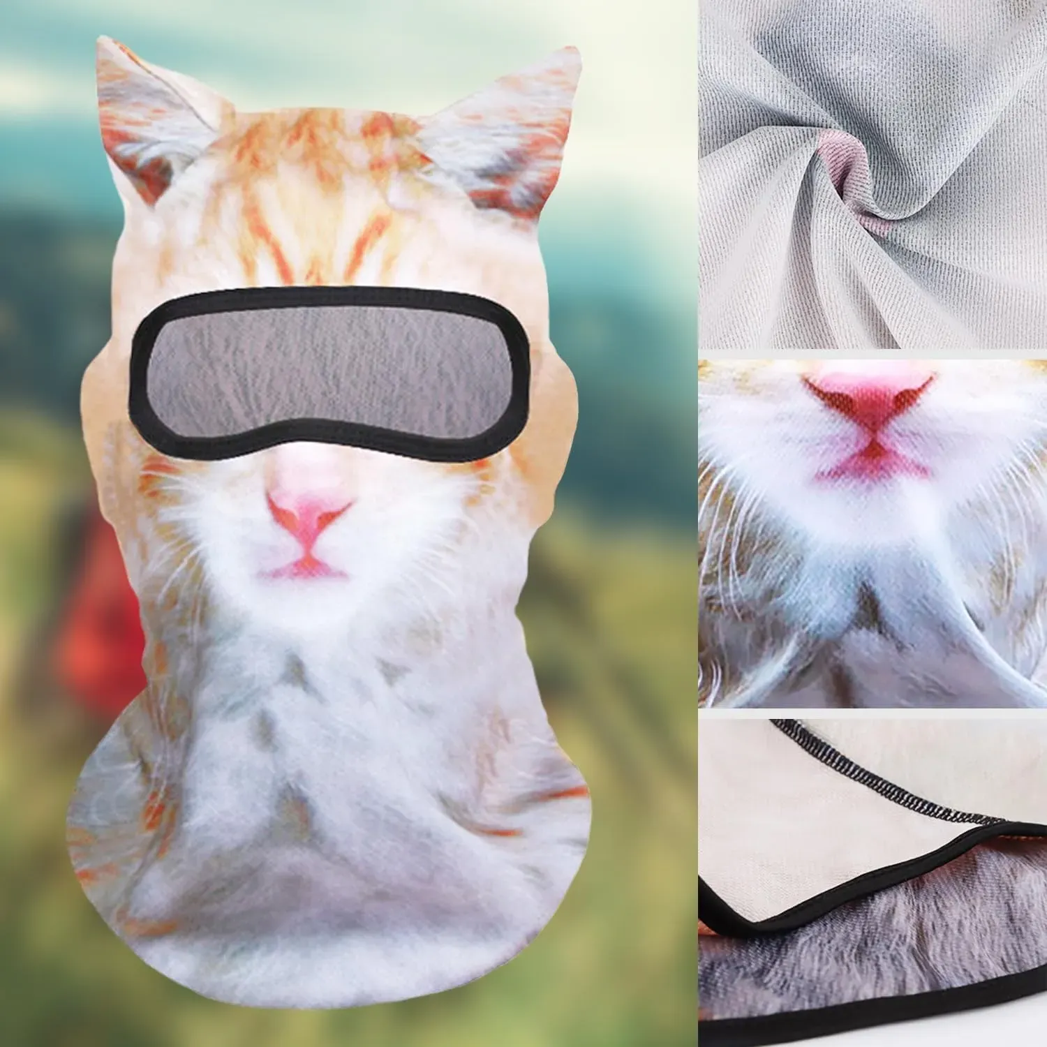 Close product views showing the orange tabby animal hood print, fabric, eye binding, and neck edge