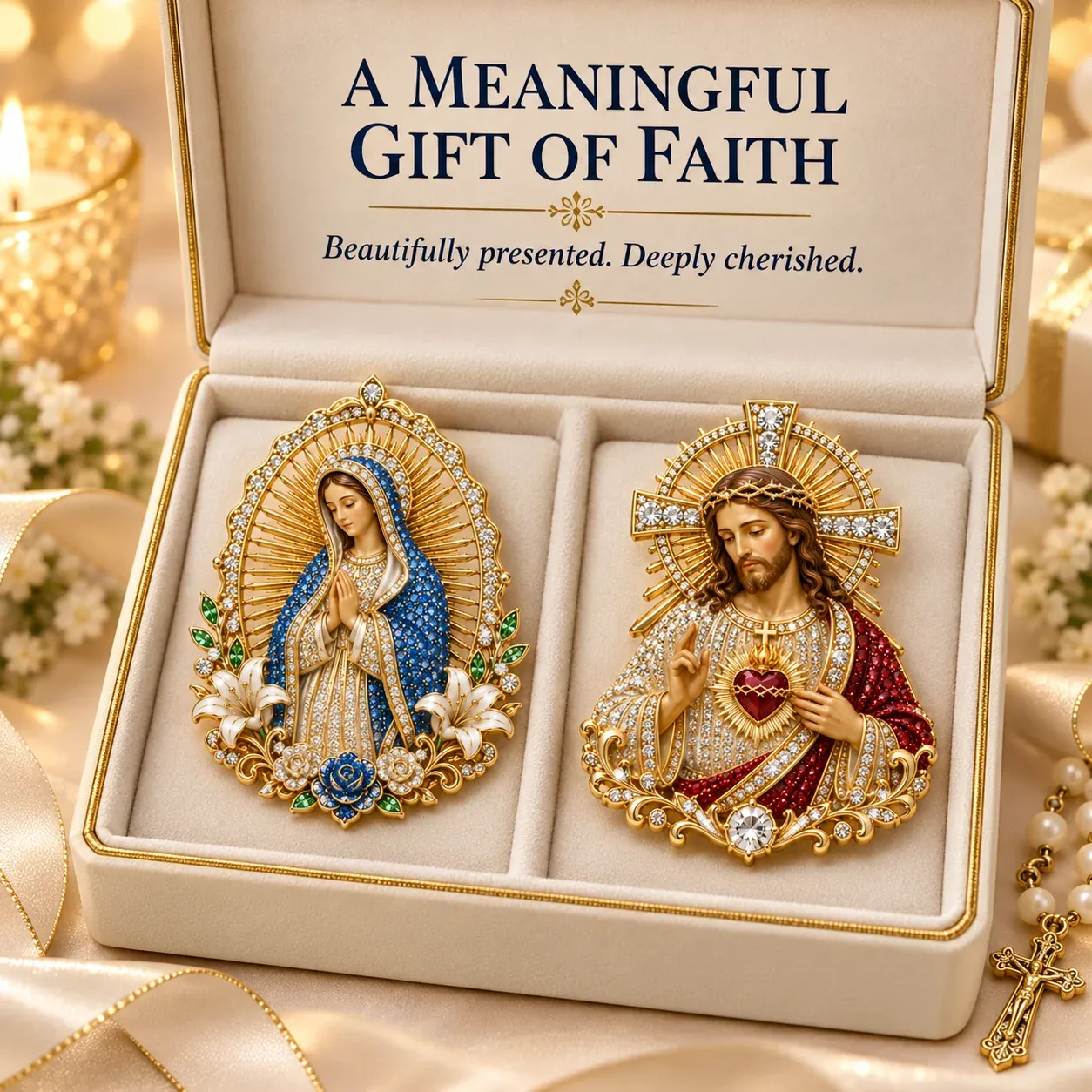 Jesus and Our Lady of Guadalupe pin options