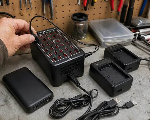Charging station beside camera batteries on a garage workbench