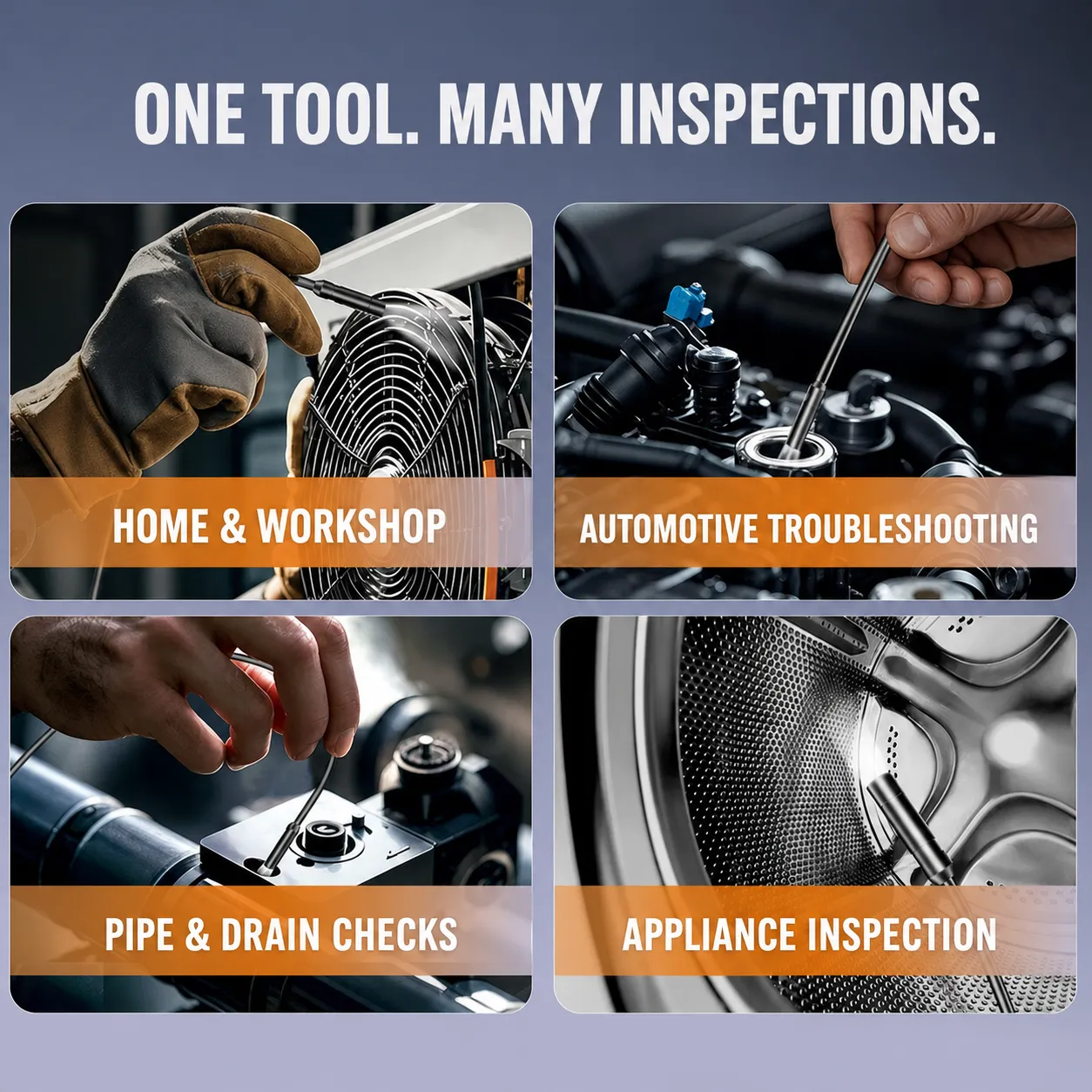 Inspection camera uses in the workshop, automobile, pipes, and appliances