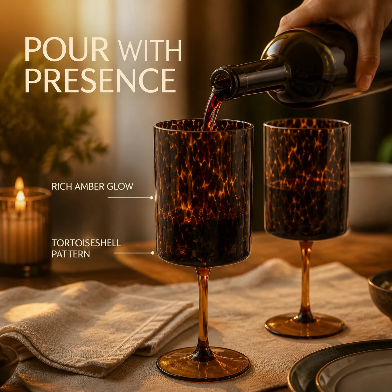 Straight-sided amber tortoiseshell wine glasses with wine being poured at a dinner table