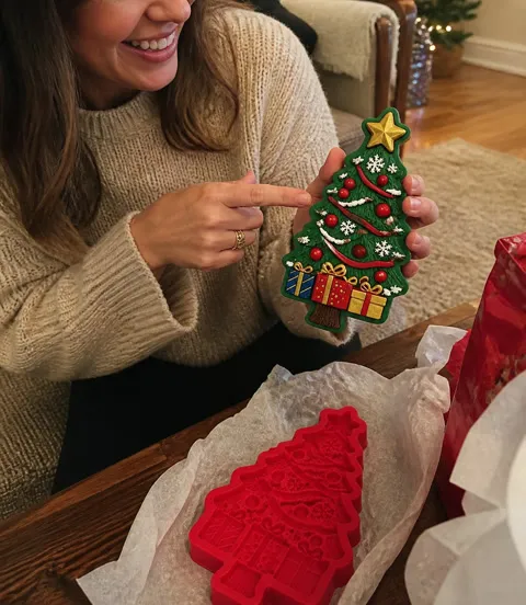 Holiday gift recipient holding a hand-painted Christmas tree craft