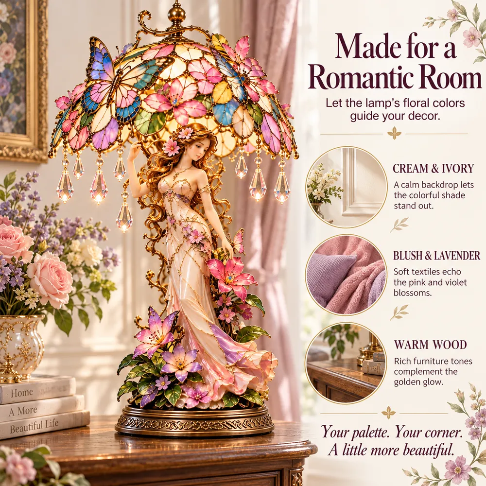 Room styling graphic pairing the lamp with cream and ivory, blush and lavender, and warm wood
