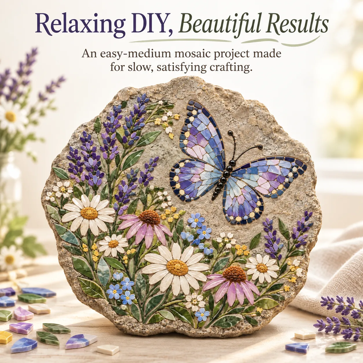 Relaxing DIY butterfly mosaic stepping stone craft process