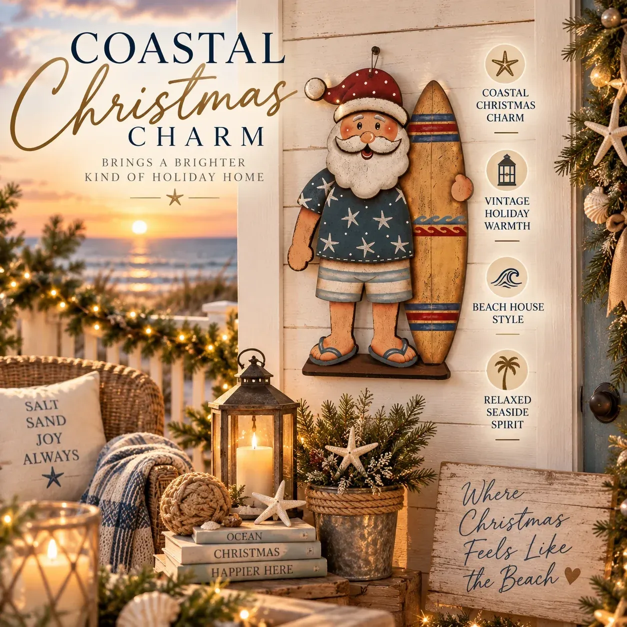Close-up details of Seaside Santa coastal Christmas wall decor