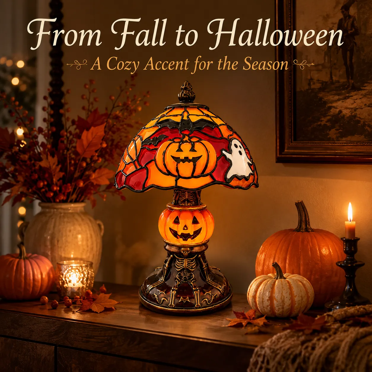 Halloween table lamp styled with fall pumpkins and foliage