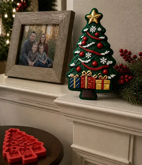 Hand-painted Christmas tree craft displayed on a home mantel