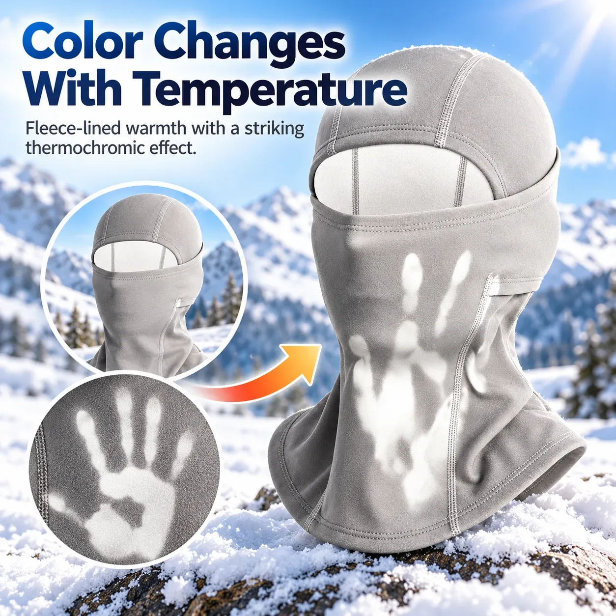 Gray balaclava shown with and without lighter heat-reactive marks