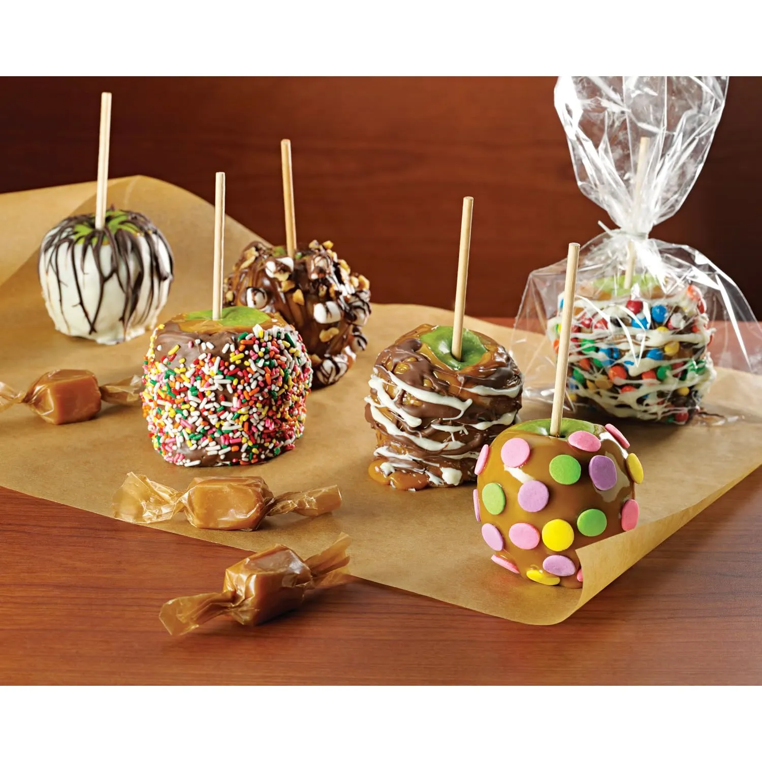 Colorful decorated caramel apples ready to share