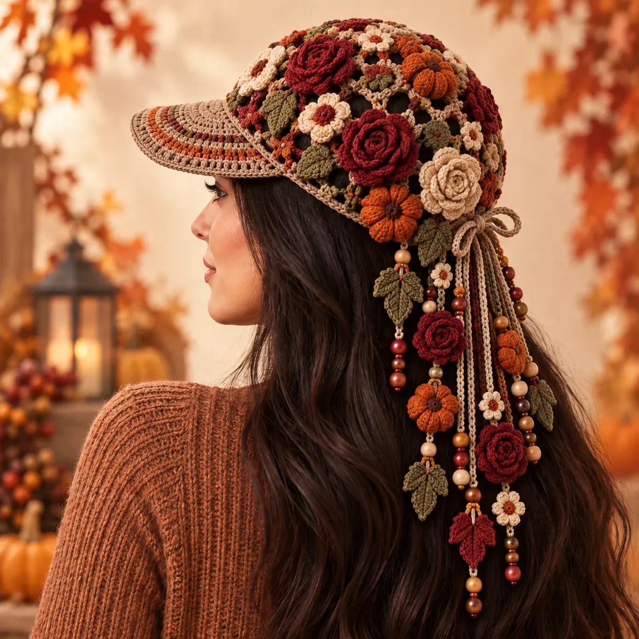 Vintage Rose and Pumpkin Bloom Autumn Cap