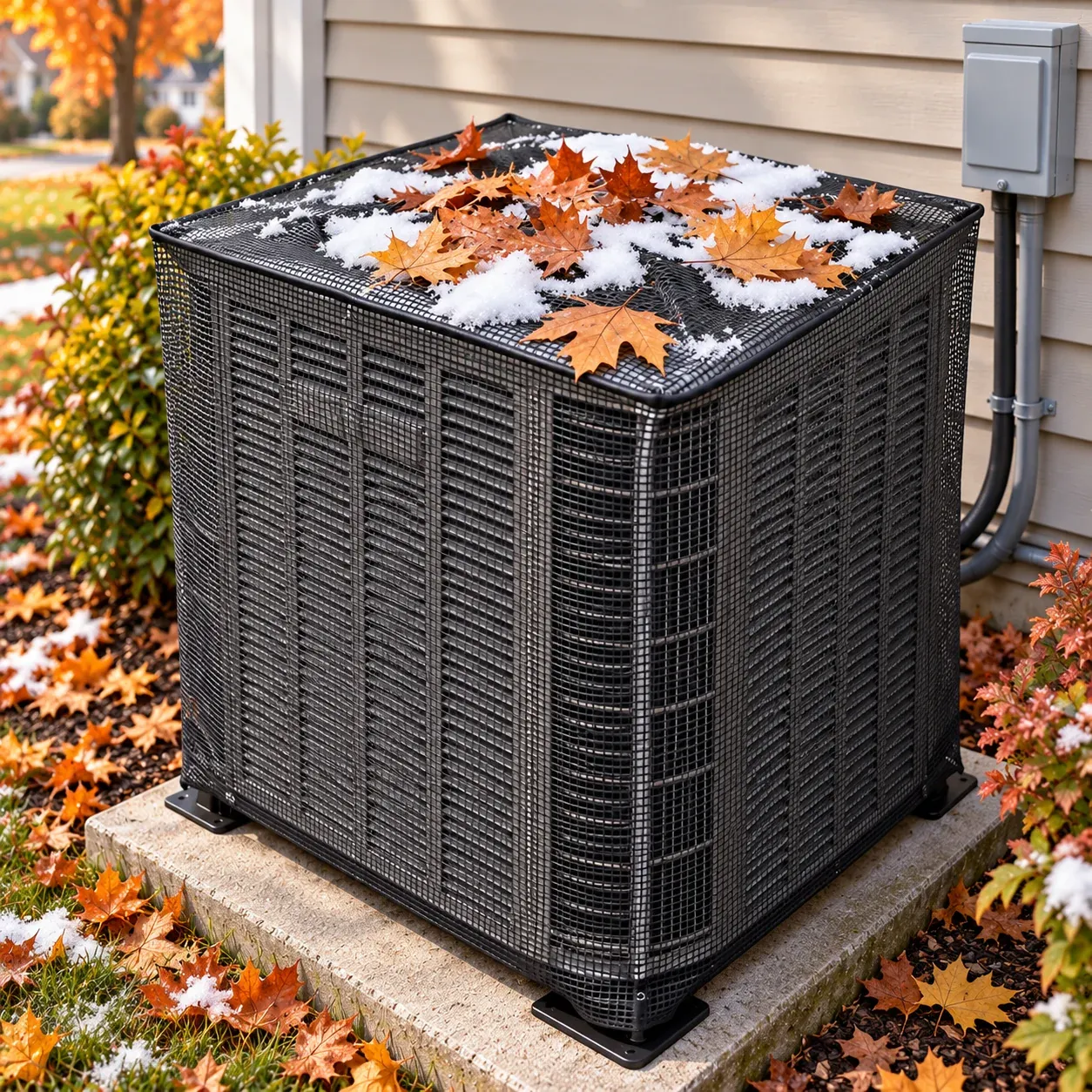 Outdoor AC mesh guard with seasonal leaves and light snow on top