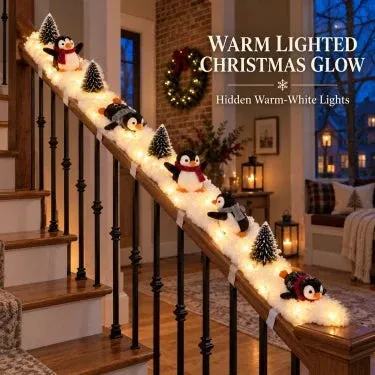 Warm glowing Christmas penguin staircase decoration
