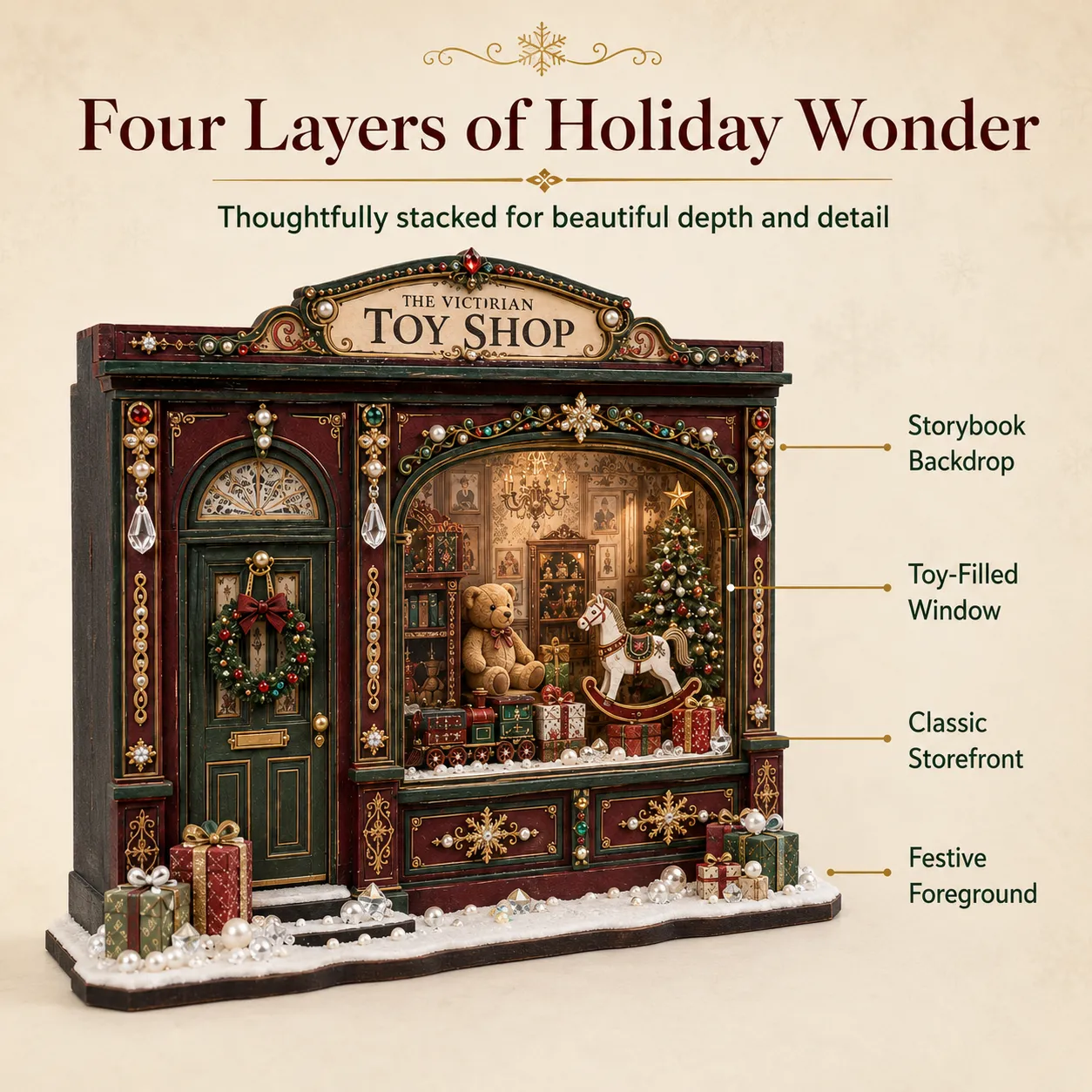 Sparkling embellishments on Victorian toy shop