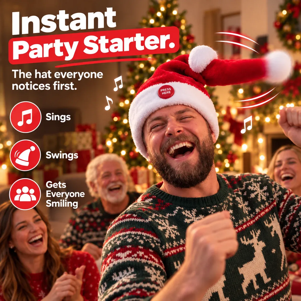 Man laughing in dancing Santa hat at Christmas party