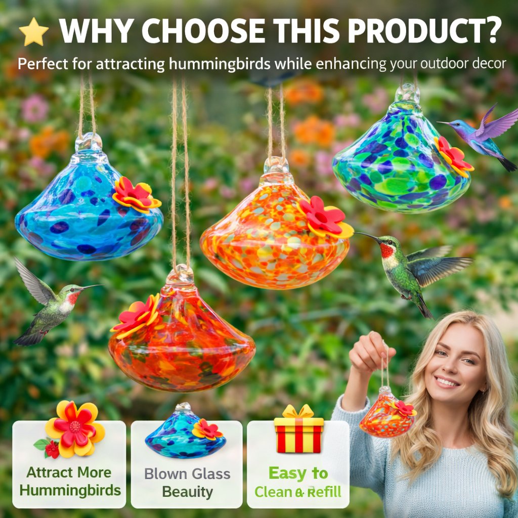 🍃 Hand-Blown Glass Hummingbird Feeder 🔥