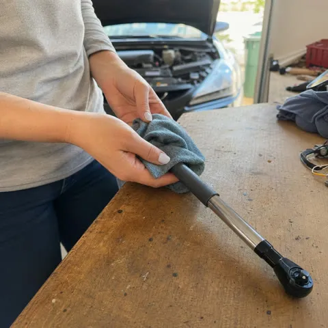 Customer cleaning the offset ratchet extension on a workbench