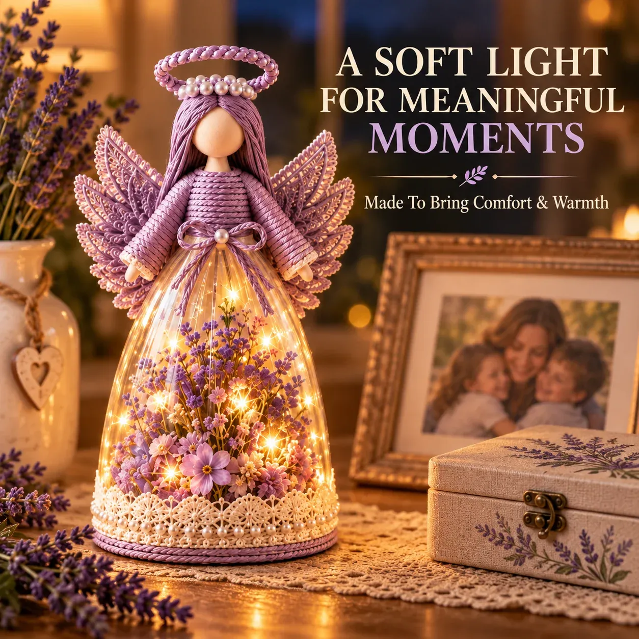 Meaningful glowing angel displayed beside a family photograph