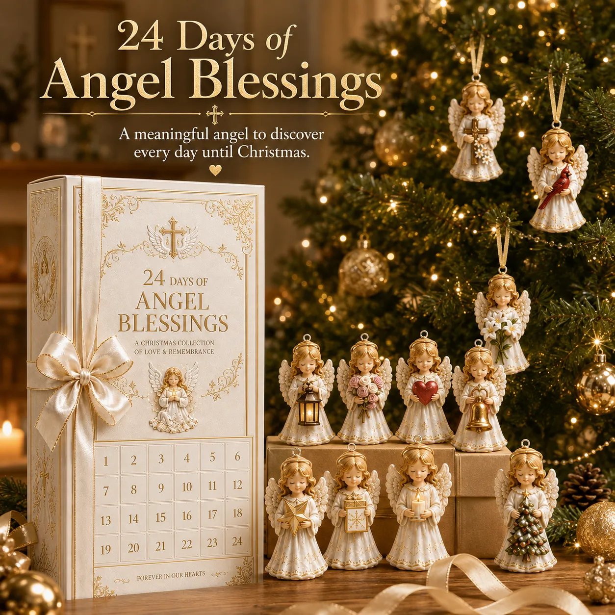 24-day angel Advent calendar with cream and gold angel ornaments displayed beside a Christmas tree