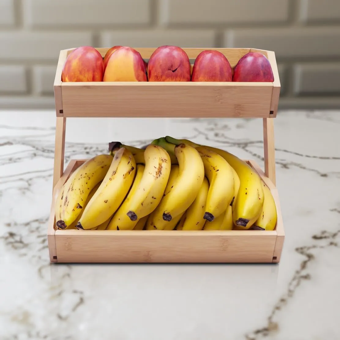 Bamboo organizer holding fruit and vegetables on a countertop