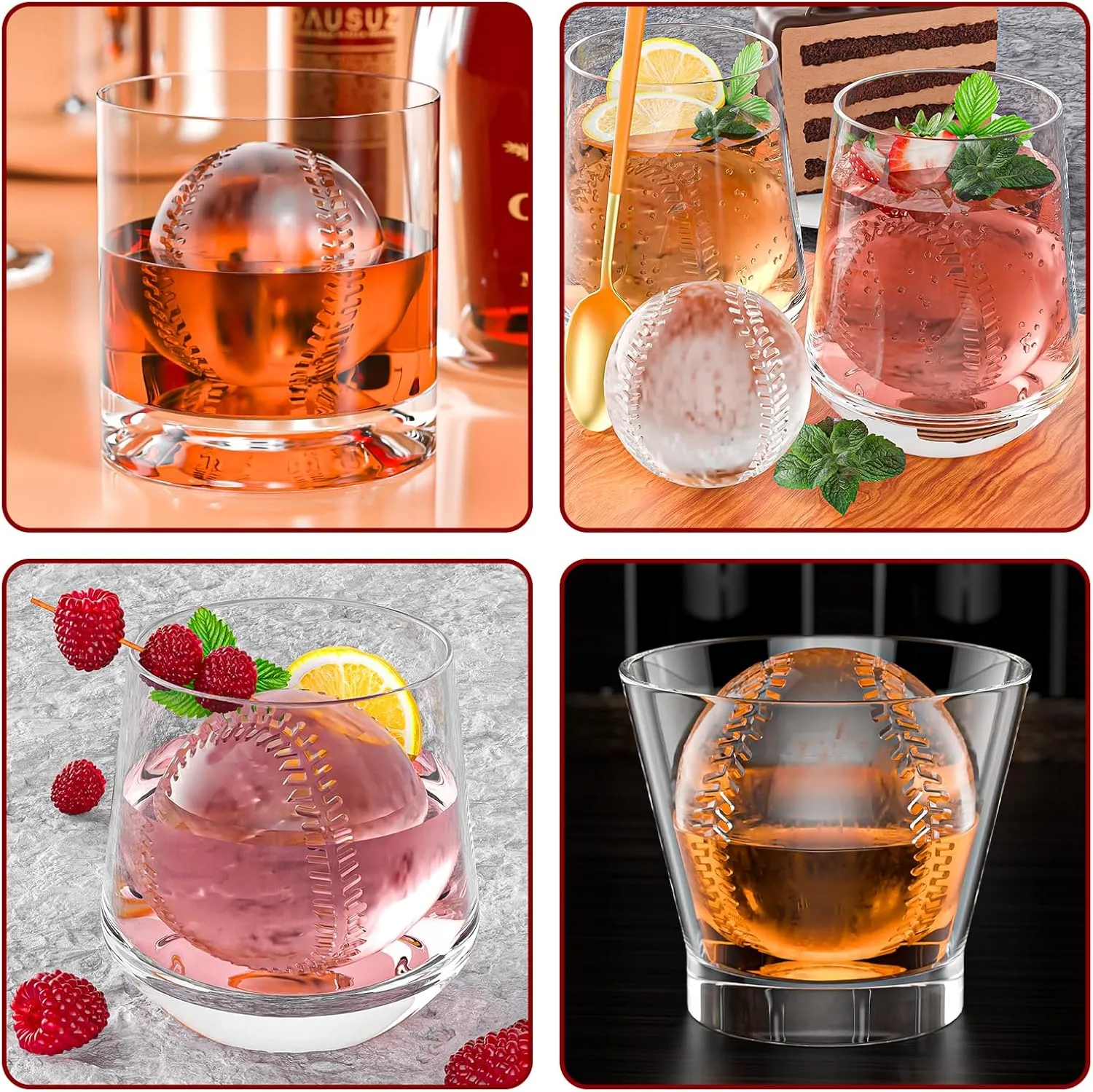 Baseball ice spheres displayed in several drinks
