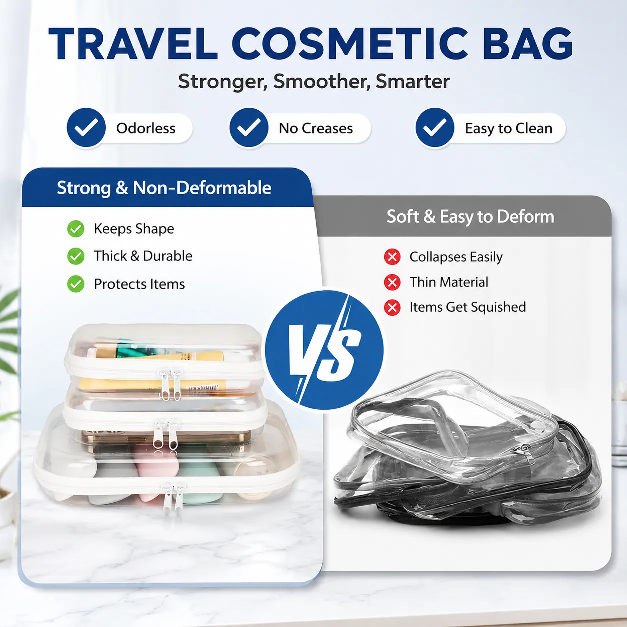 Structured clear organizer compared with a collapsed soft pouch