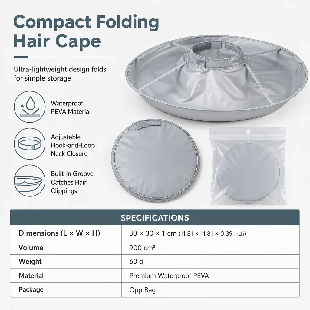 Compact folding hair cape popping open to 60 centimeters