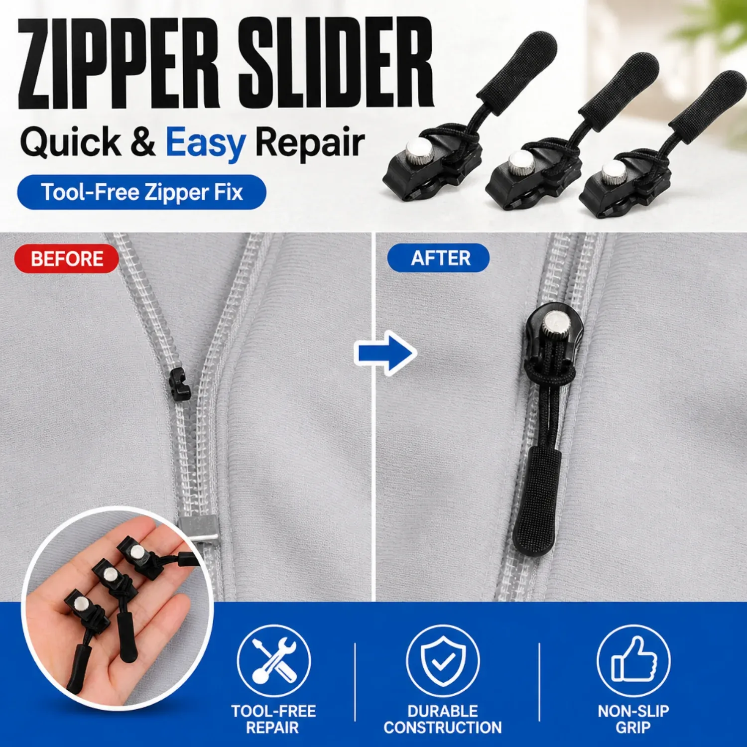 Universal replacement zipper slider repair solution