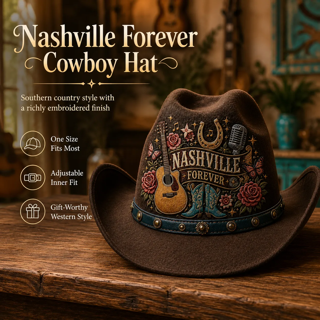 Nashville Forever cowboy hat with one-size, adjustable inner fit and gift-worthy style callouts