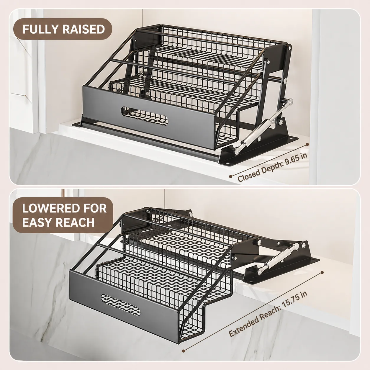 Raised and lowered rack positions with dimensions in inches