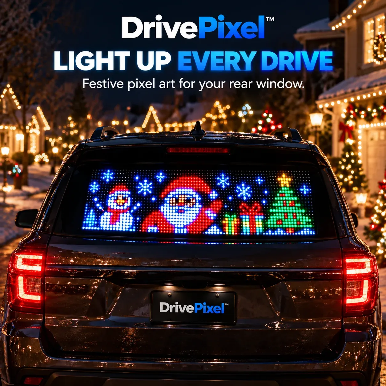 DrivePixel LED car rear window Christmas display