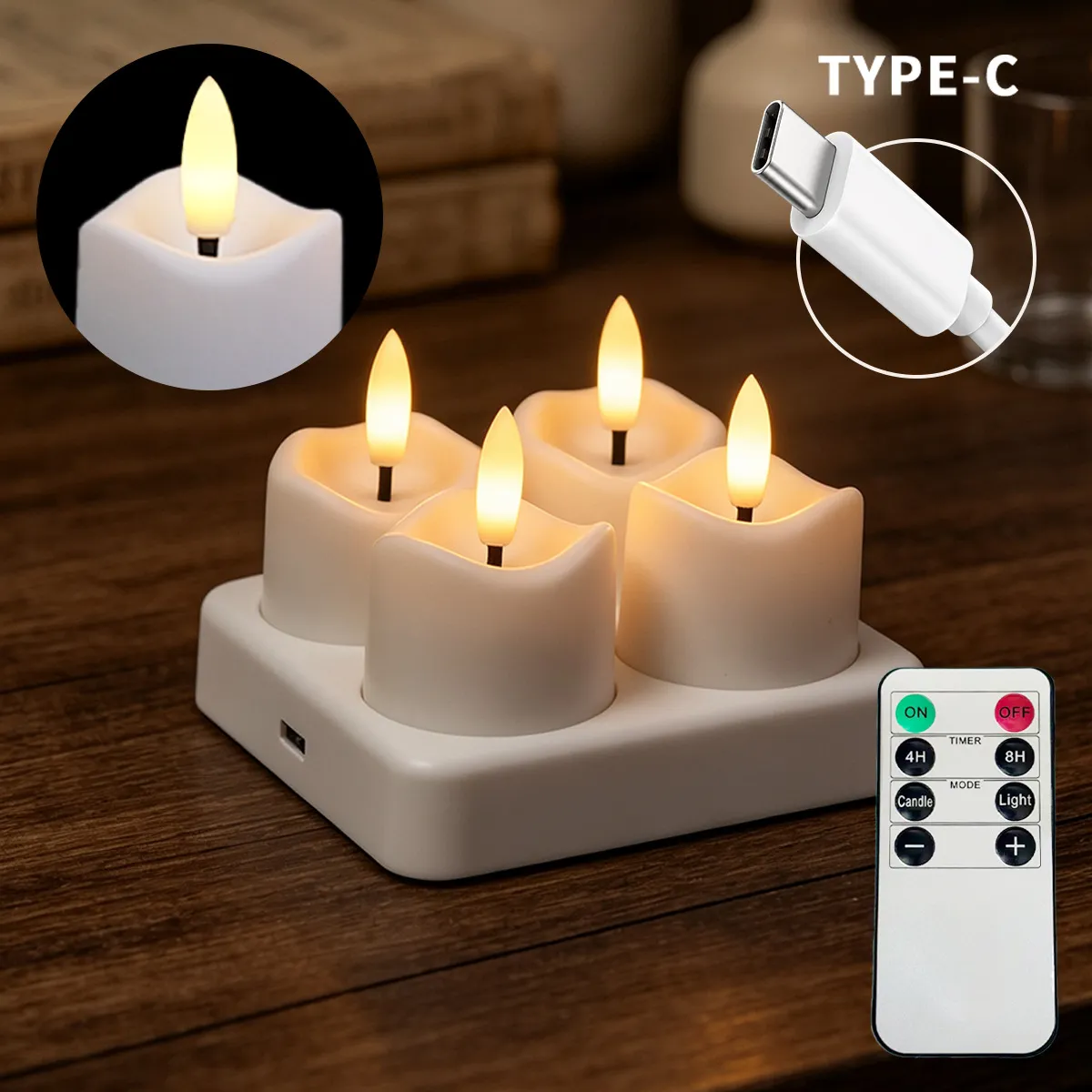 Four rechargeable flameless candles with their charging base, USB-C cable, and remote