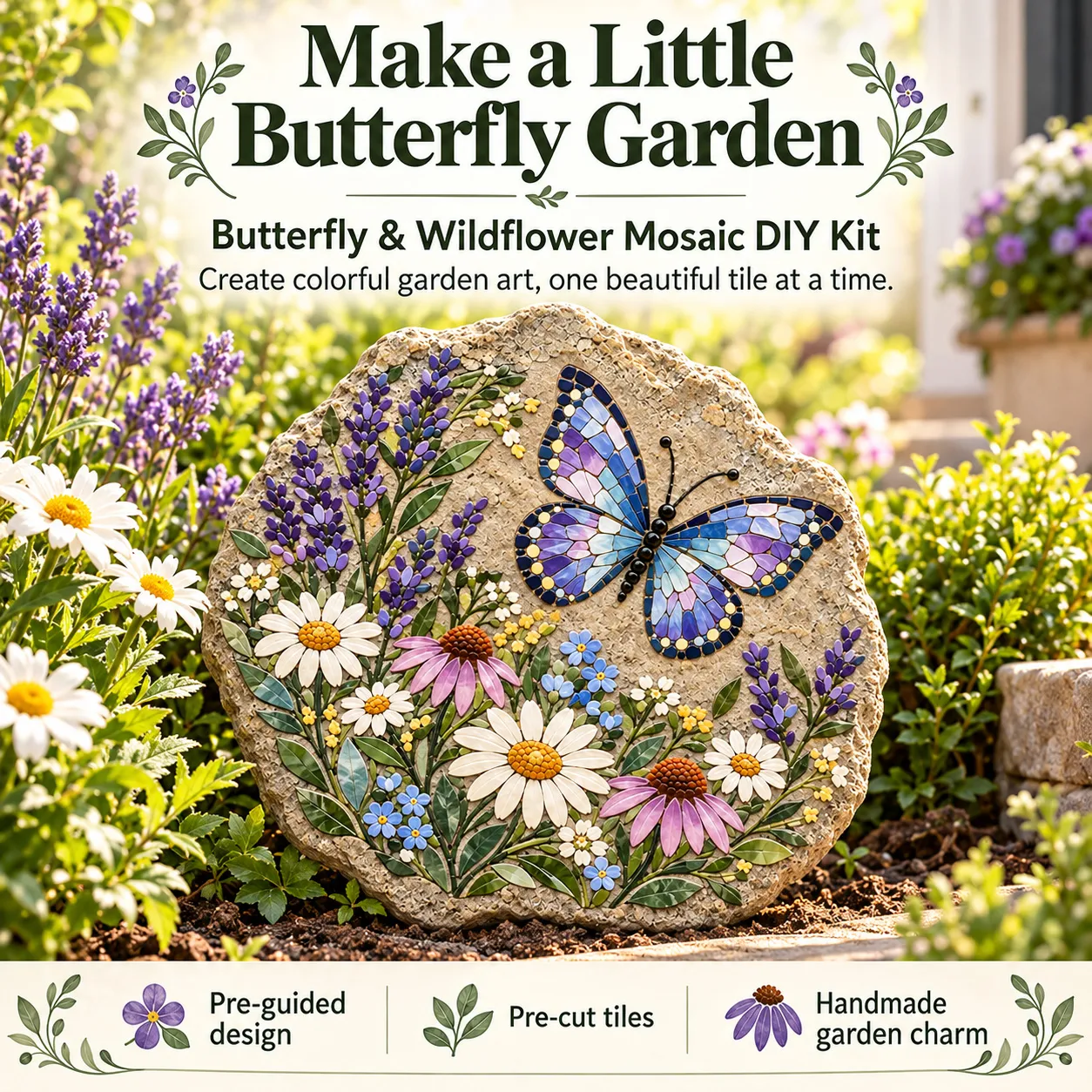 Butterfly and wildflower mosaic DIY kit with a finished stone displayed among flowers