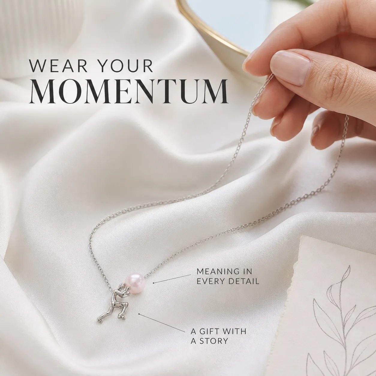 Silver-tone pearl pusher necklace presented as a meaningful gift