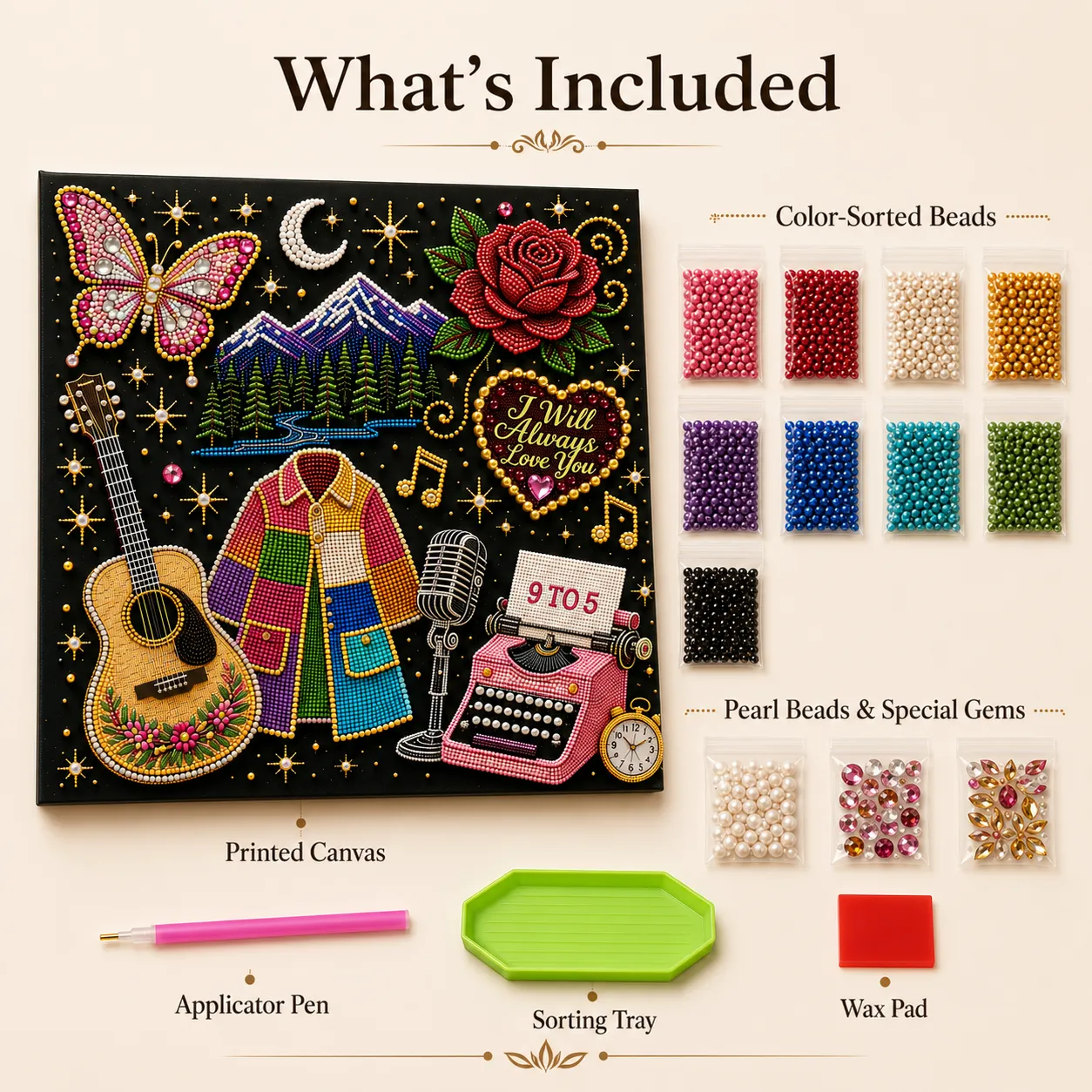Complete bead art kit with printed canvas, beads, pen, tray, and wax pad