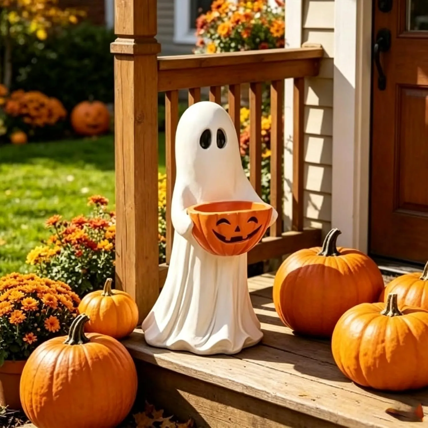Ghost pumpkin bowl arranged on an autumn front porch