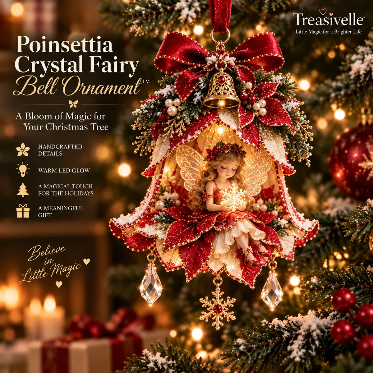 Poinsettia Crystal Fairy Bell Ornament