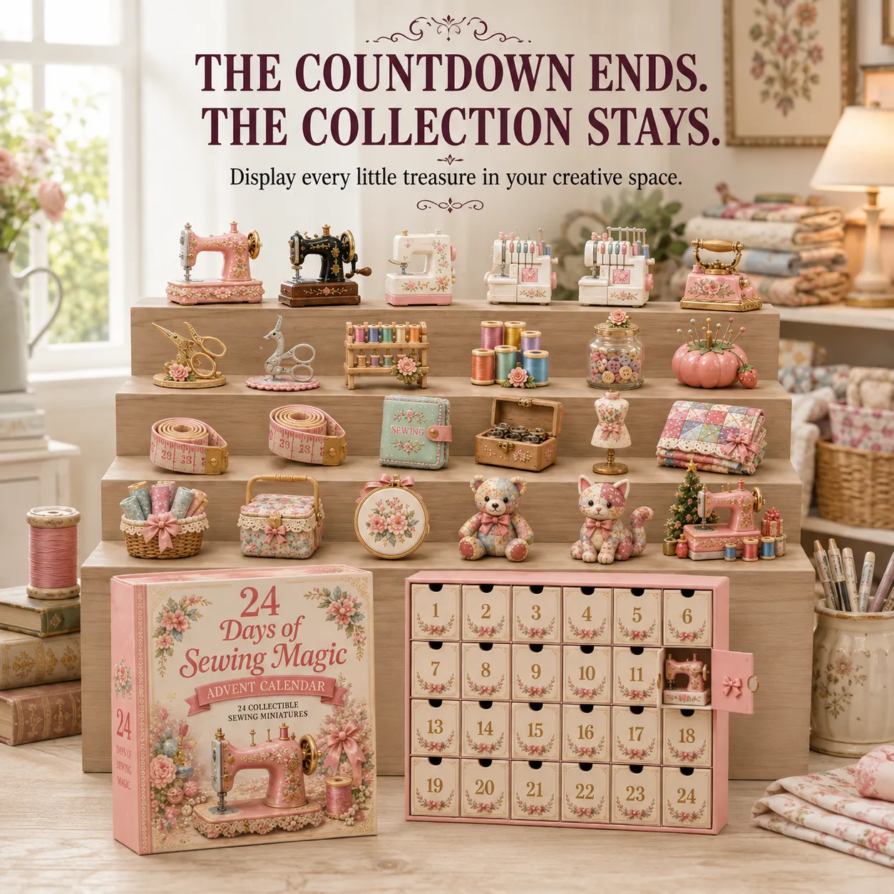 Completed sewing miniature collection displayed in a craft room