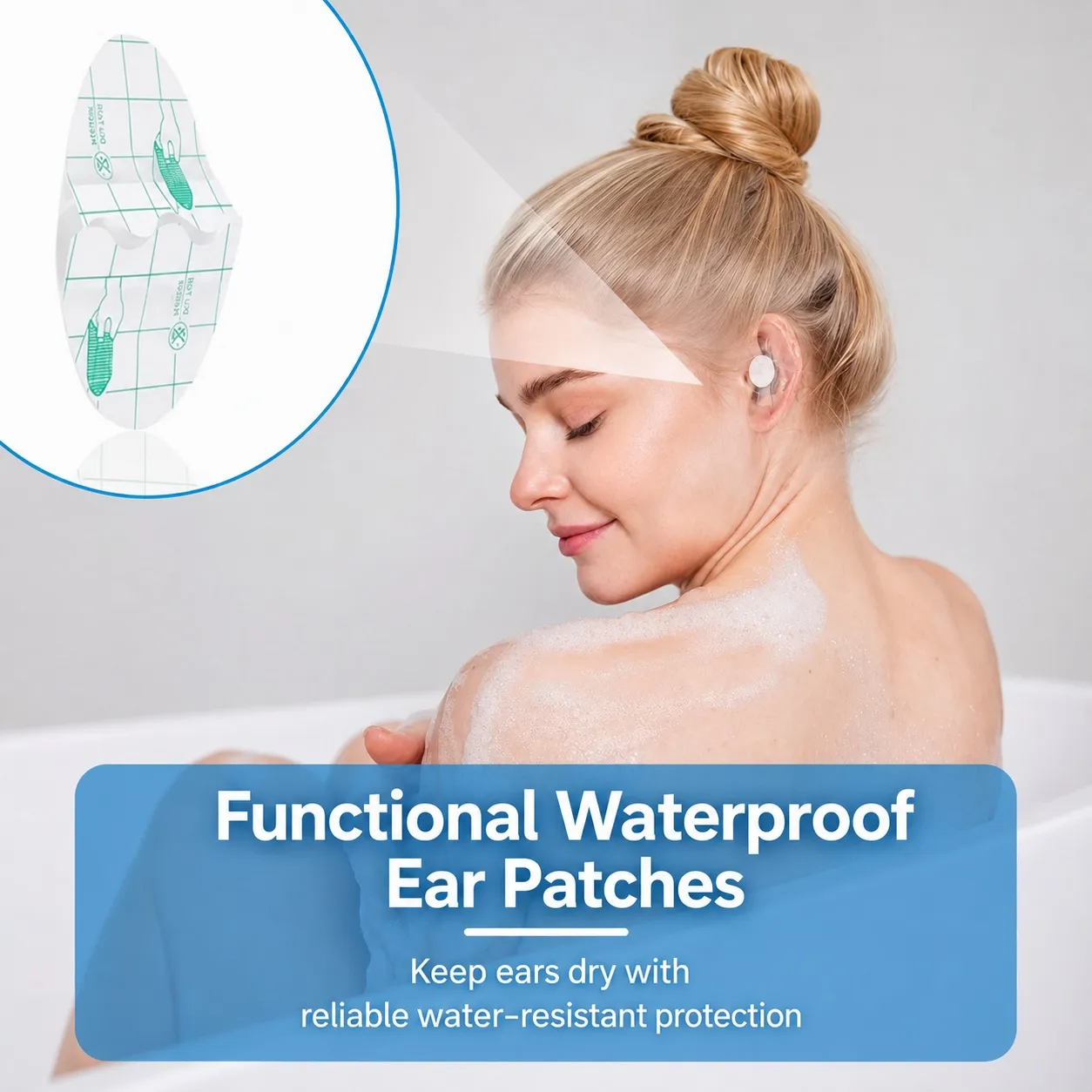 Adult wearing a clear waterproof ear patch during bathing