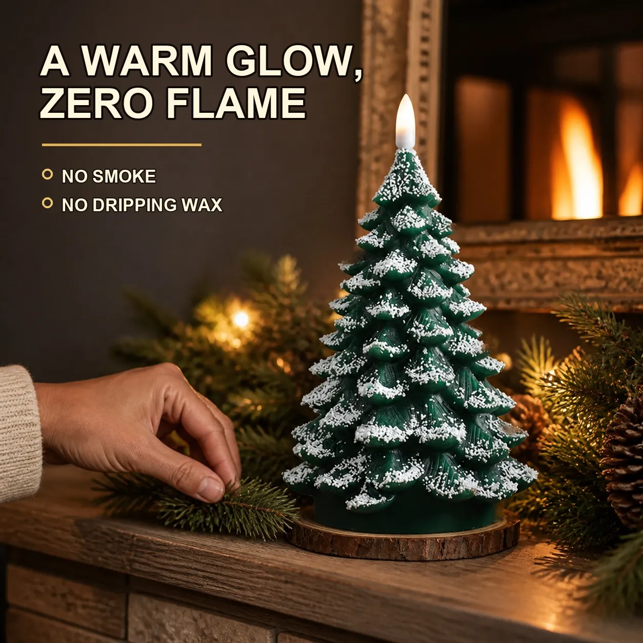 Snow-frosted Christmas tree candle on a holiday mantel