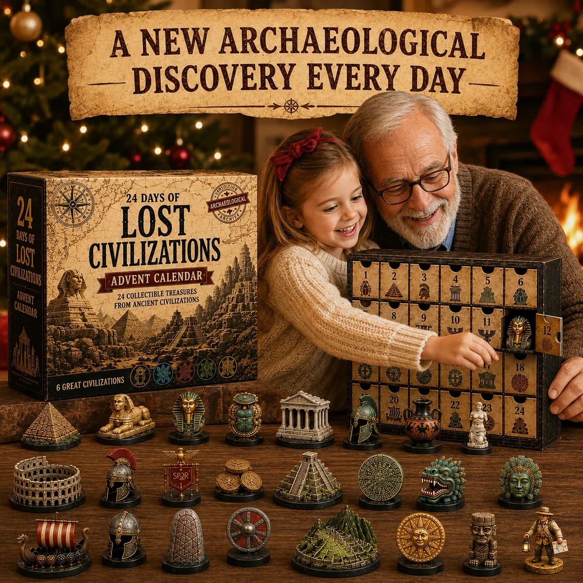 Grandparent and child enjoying archaeological advent calendar
